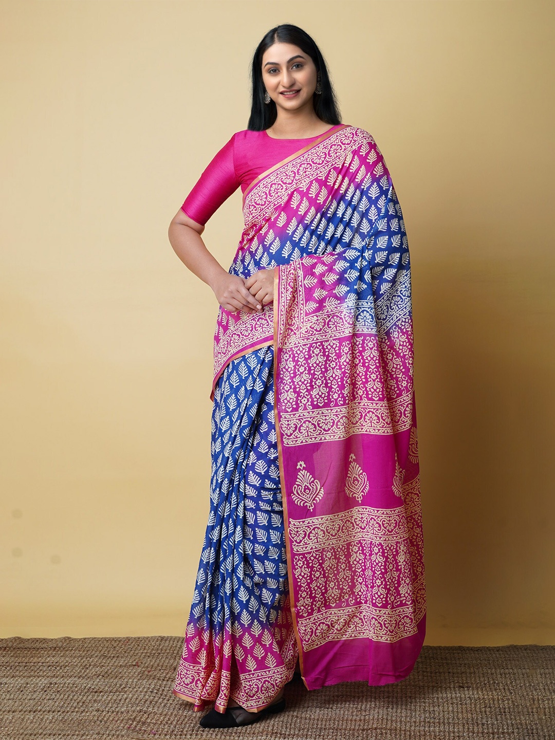 

Unnati Silks Ethnic Motifs Printed Zari Pure Cotton Block Print Saree, Blue