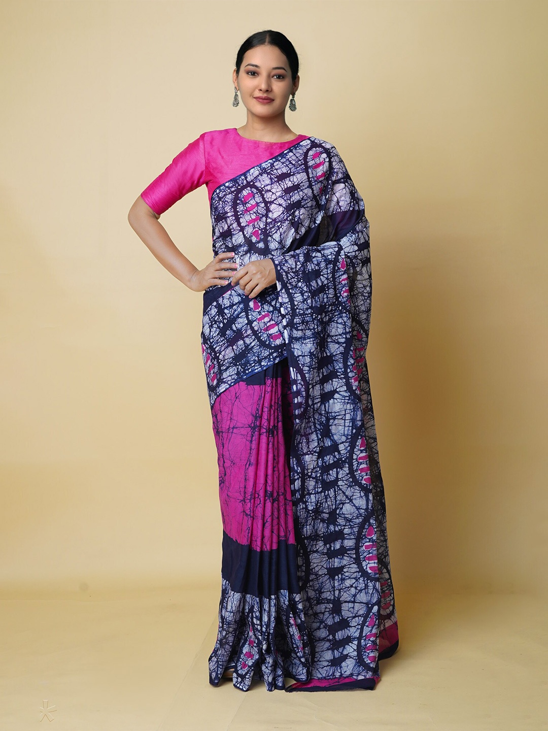 

Unnati Silks Batic Printed Pure Cotton Chanderi Saree, Navy blue