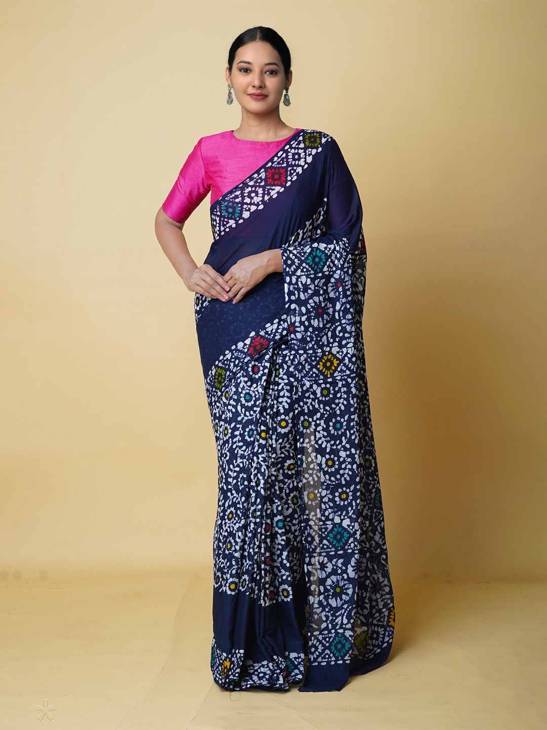 

Unnati Silks Batik Printed Pure Cotton Saree, Navy blue