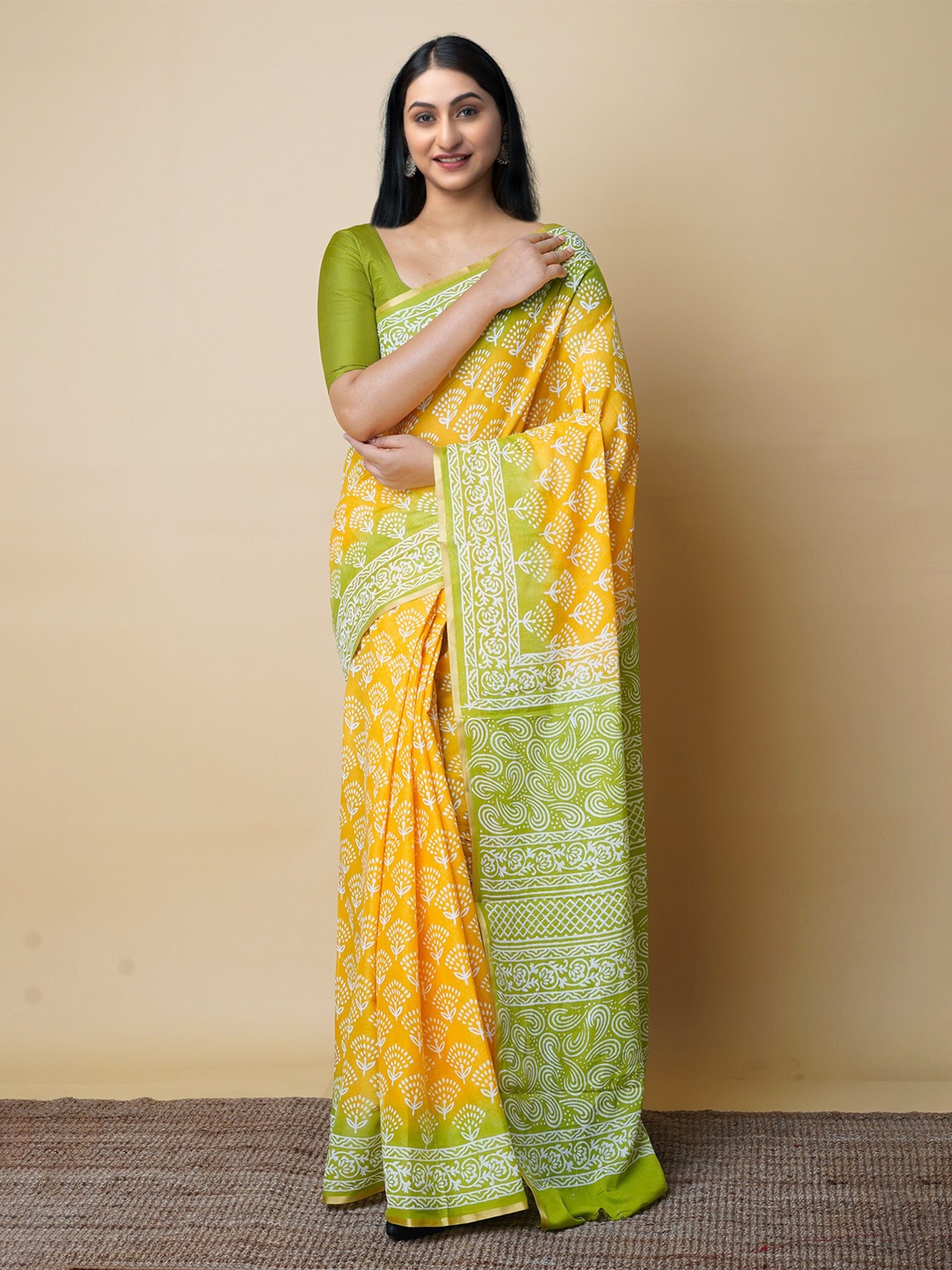 

Unnati Silks Ethnic Motifs Printed Zari Pure Cotton Block Print Saree, Yellow
