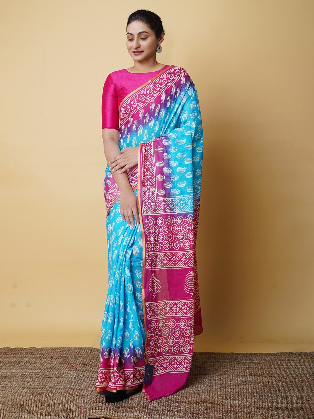 

Unnati Silks Ethnic Motifs Zari Pure Cotton Block Print Saree, Blue