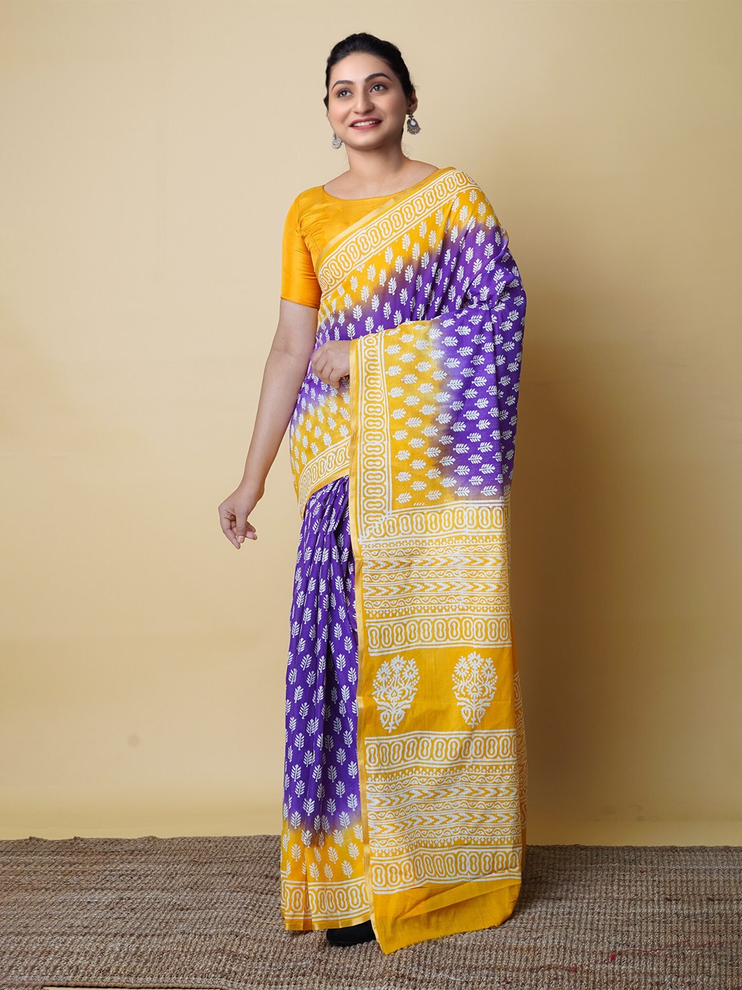

Unnati Silks Ethnic Motifs Printed Zari Pure Cotton Block Print saree, Blue