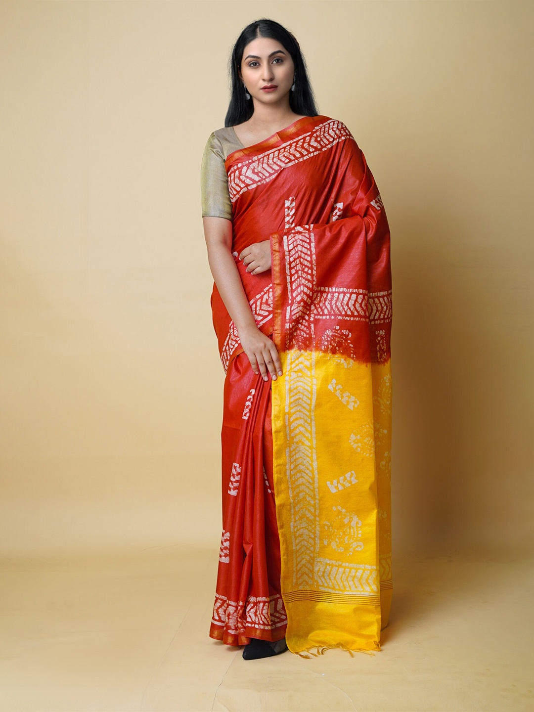 

Unnati Silks Ethnic Motifs Zari Silk Cotton Chanderi Saree, Red