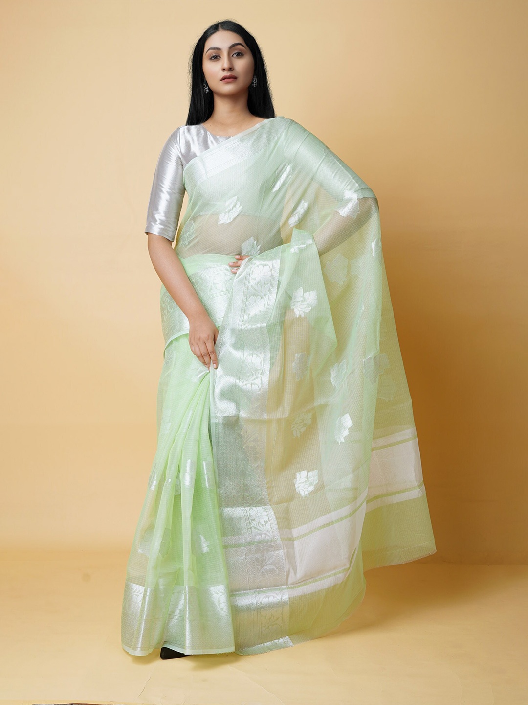 

Unnati Silks Ethnic Motifs Woven Design Zari Pure Cotton Banarasi Saree, Green