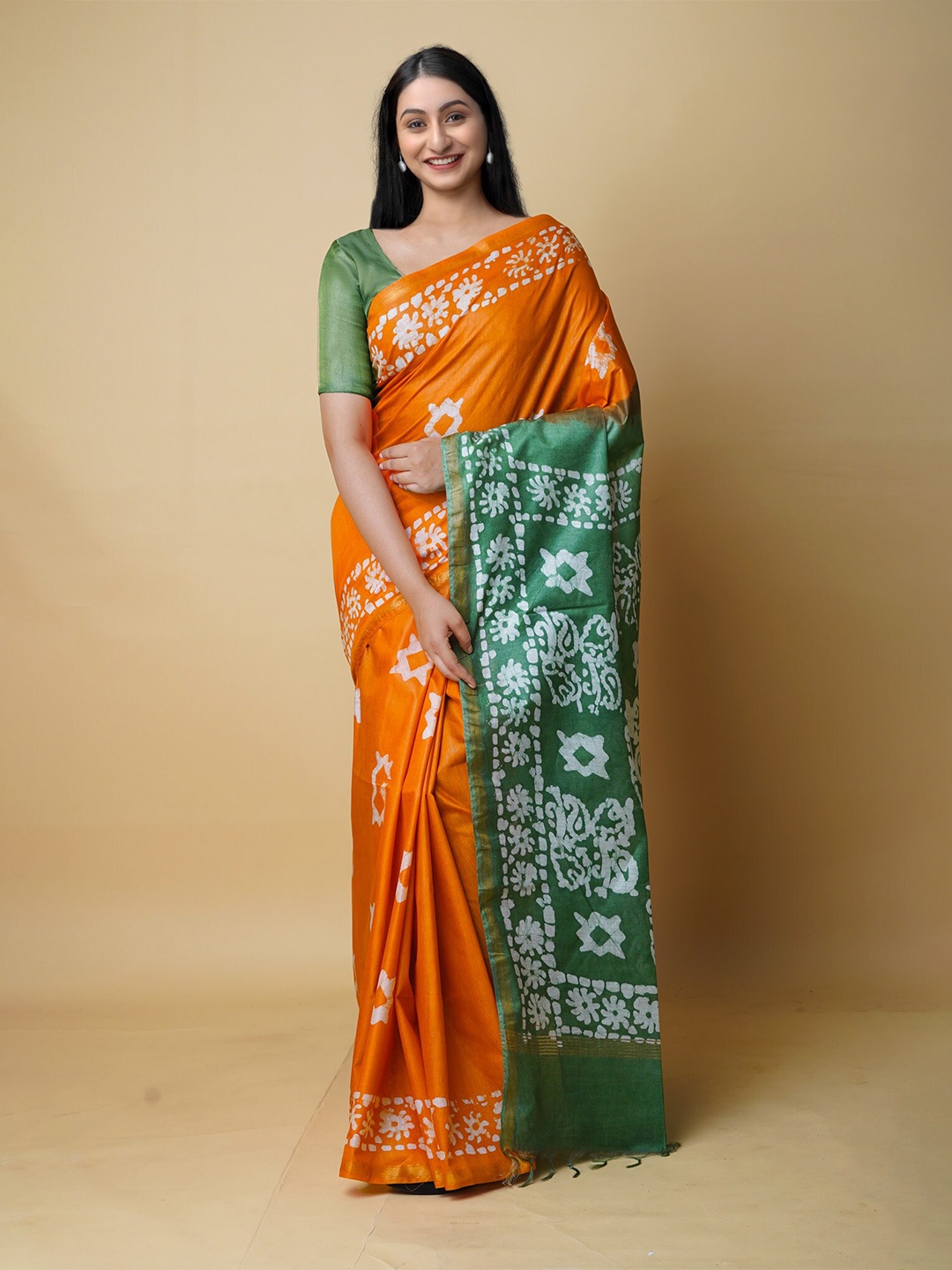 

Unnati Silks Batik Zari Detailed Silk Cotton Saree, Orange