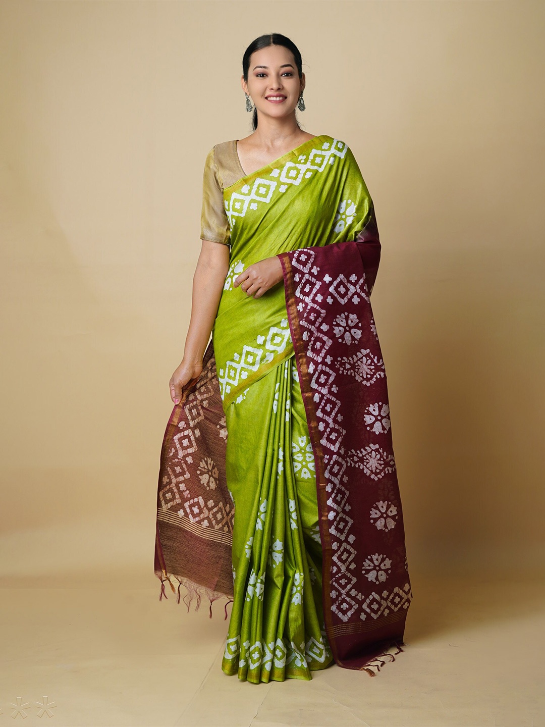 

Unnati Silks Zari Batik Silk Cotton Chanderi Saree, Green