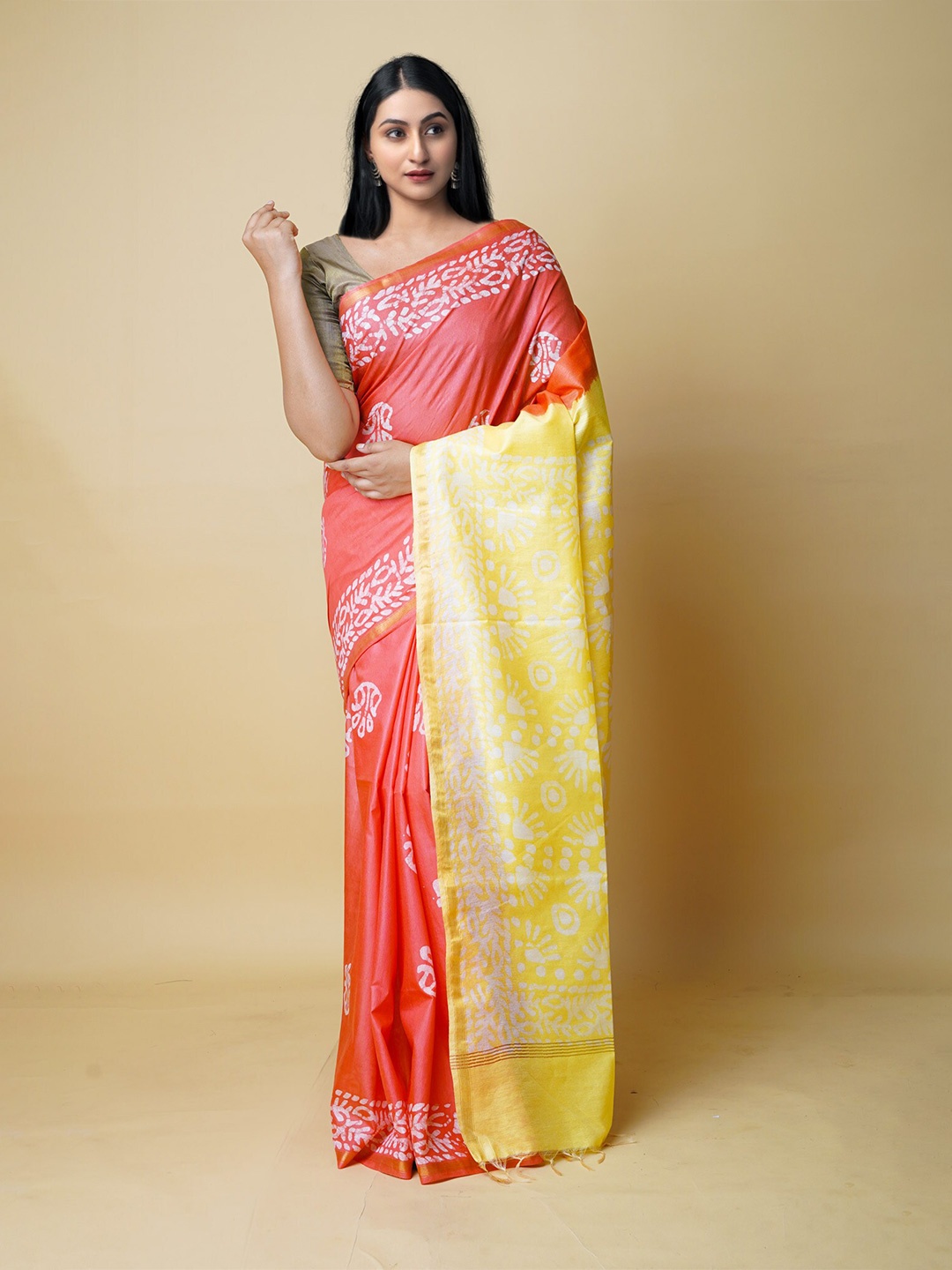 

Unnati Silks Batik Printed Silk Cotton Chanderi Saree, Red