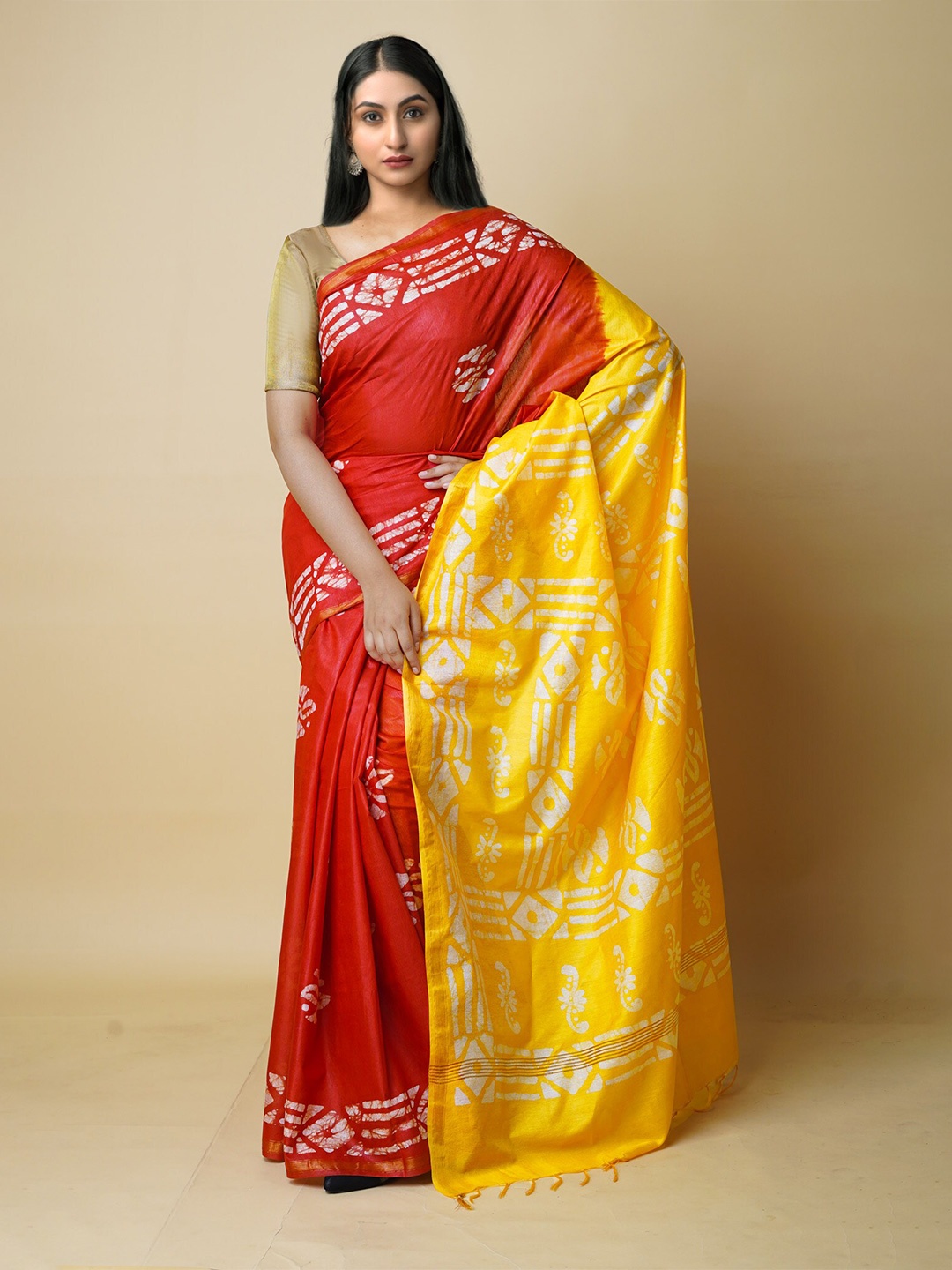 

Unnati Silks Batik Printed Zari Silk Cotton Chanderi Saree, Red