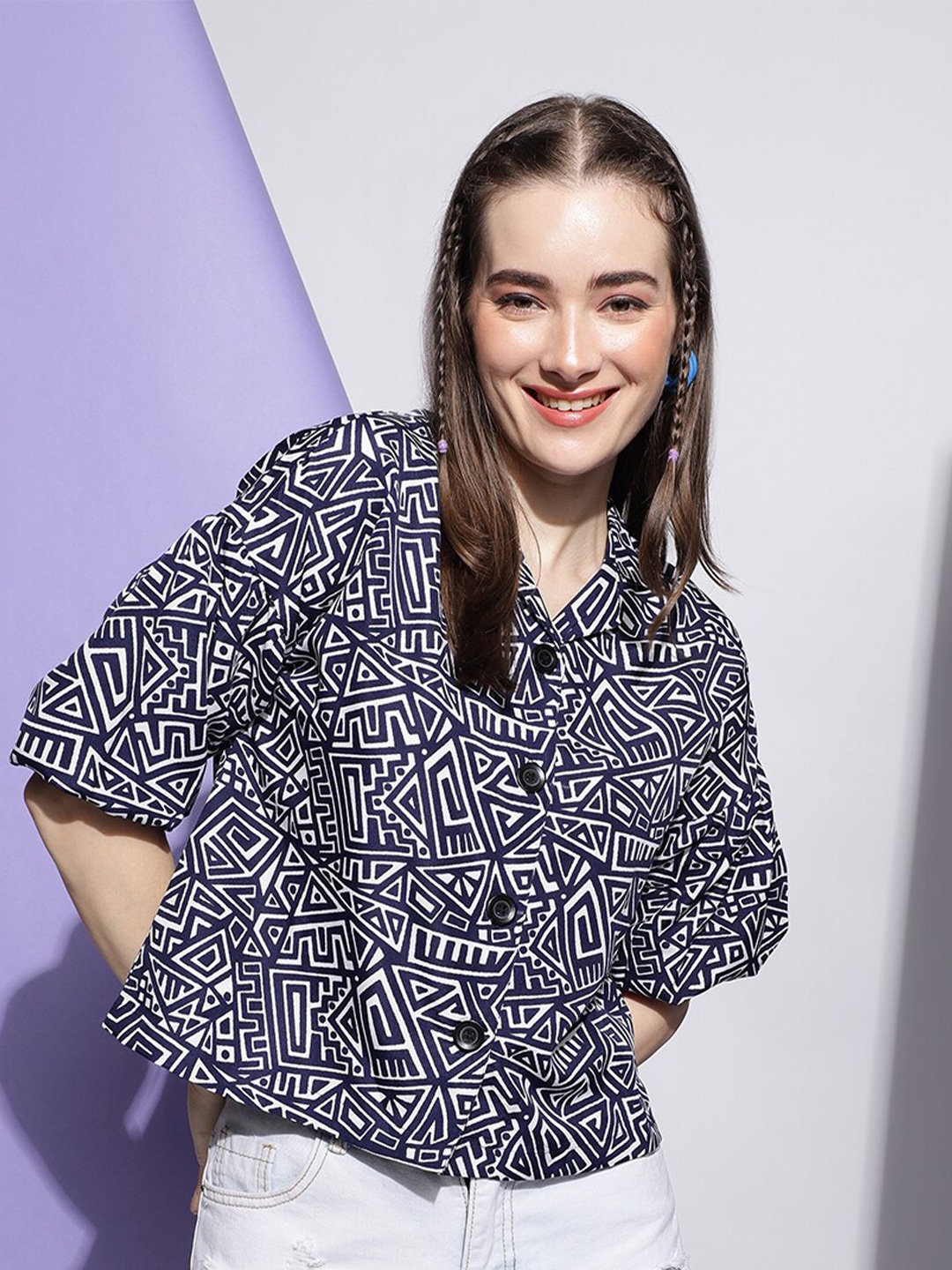

J Turritopsis Geometric Printed Classic Casual Shirt, Blue