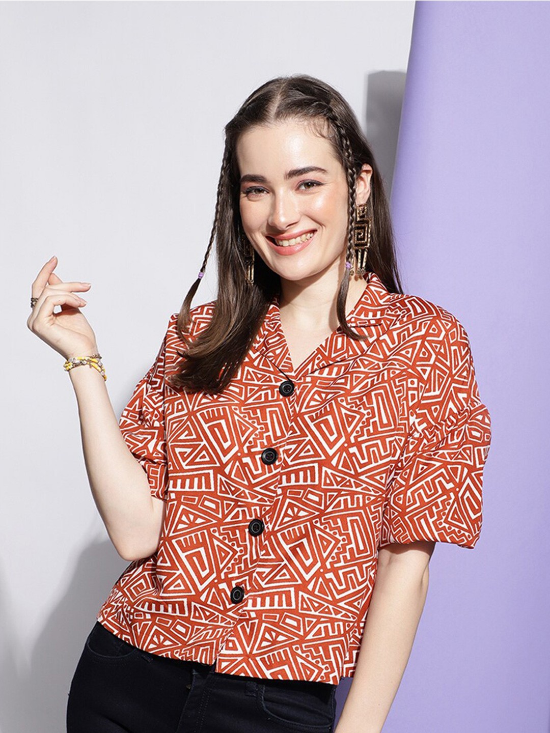 

J Turritopsis Classic Geometric Printed Spread Collar Casual Shirt, Rust