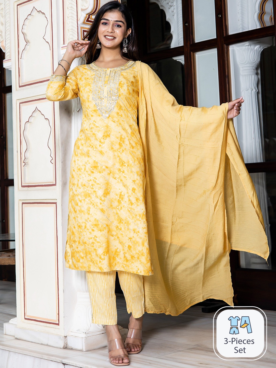 

misbis Floral Embroidered Regular Sequined Kurta with Trousers & Dupatta, Yellow