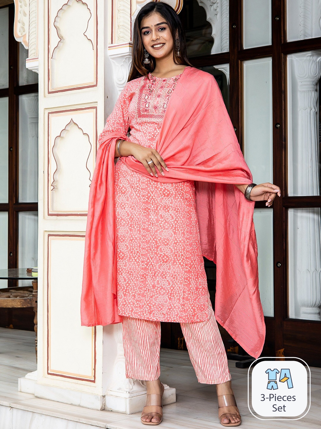 

misbis Bandhani Printed Sequinned Kurta With Trousers & Dupatta, Pink