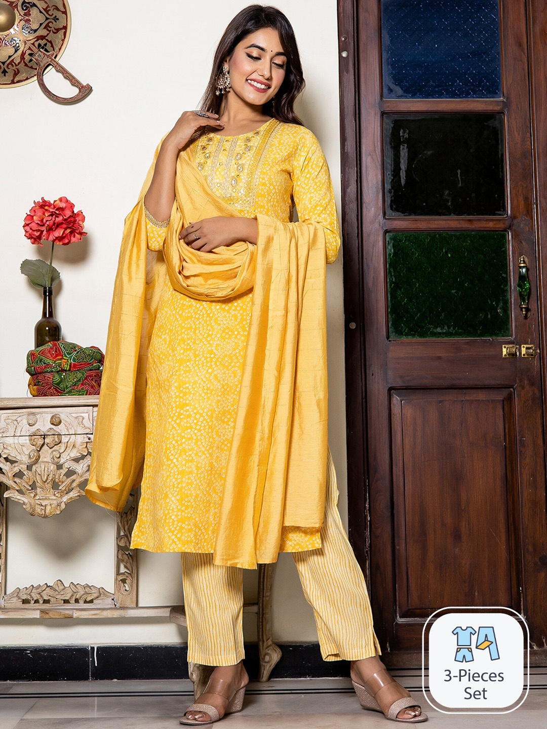 

misbis Bandhani Printed Sequinned Kurta With Trousers & Dupatta, Yellow