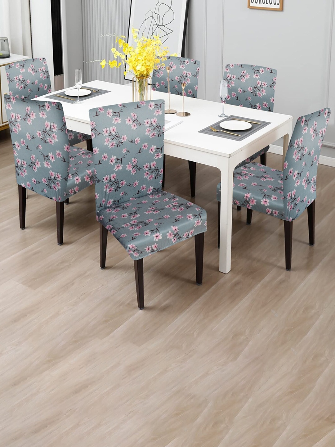 

Dakshya Industries Grey & Pink 6 Pieces Floral Printed Chair Covers