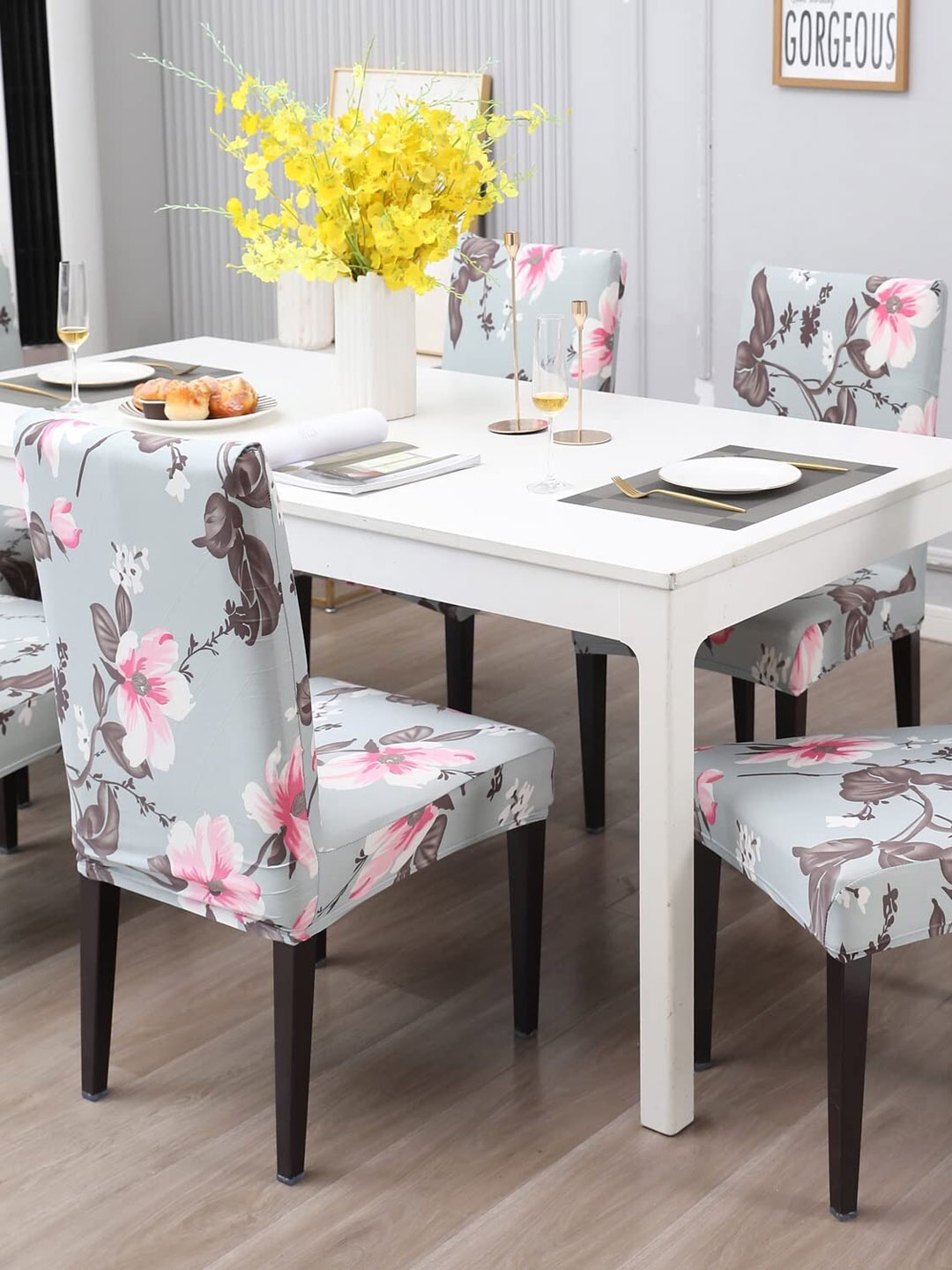

Dakshya Industries Grey & Pink 6 Pieces Floral Printed Chair Covers, Blue