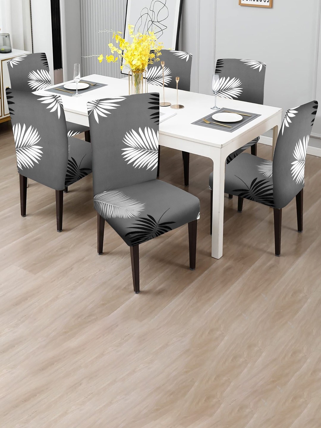 

Dakshya Industries Grey & White 6 Pieces Printed Elastic Chair Covers