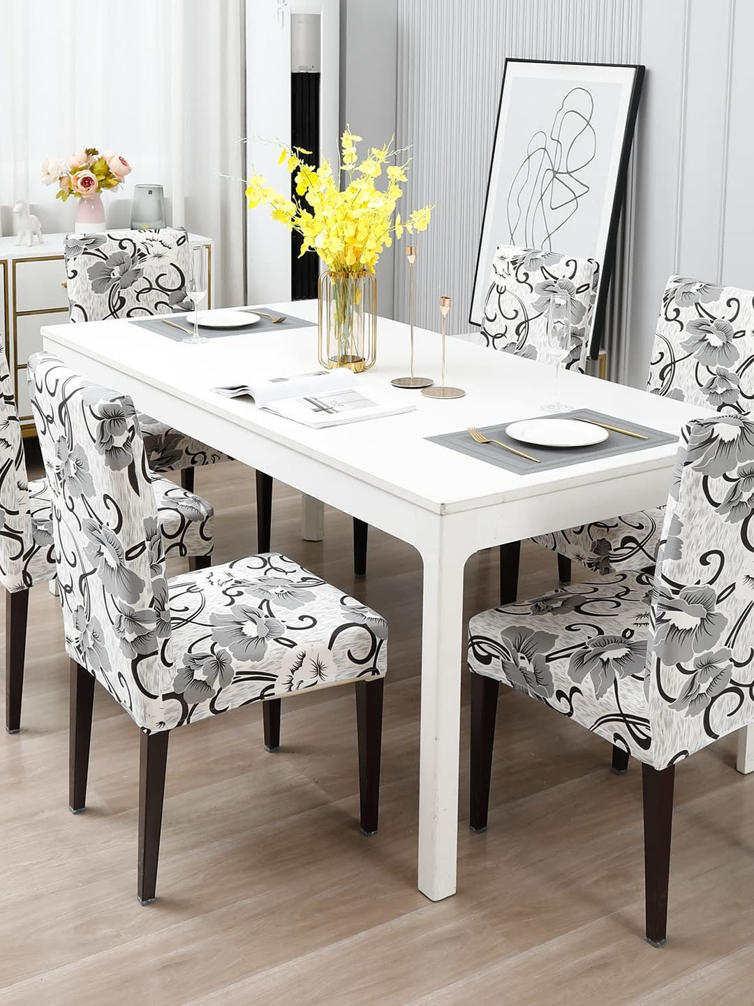 

Dakshya Industries White & Grey 6 Pieces Printed Elastic Chair Covers