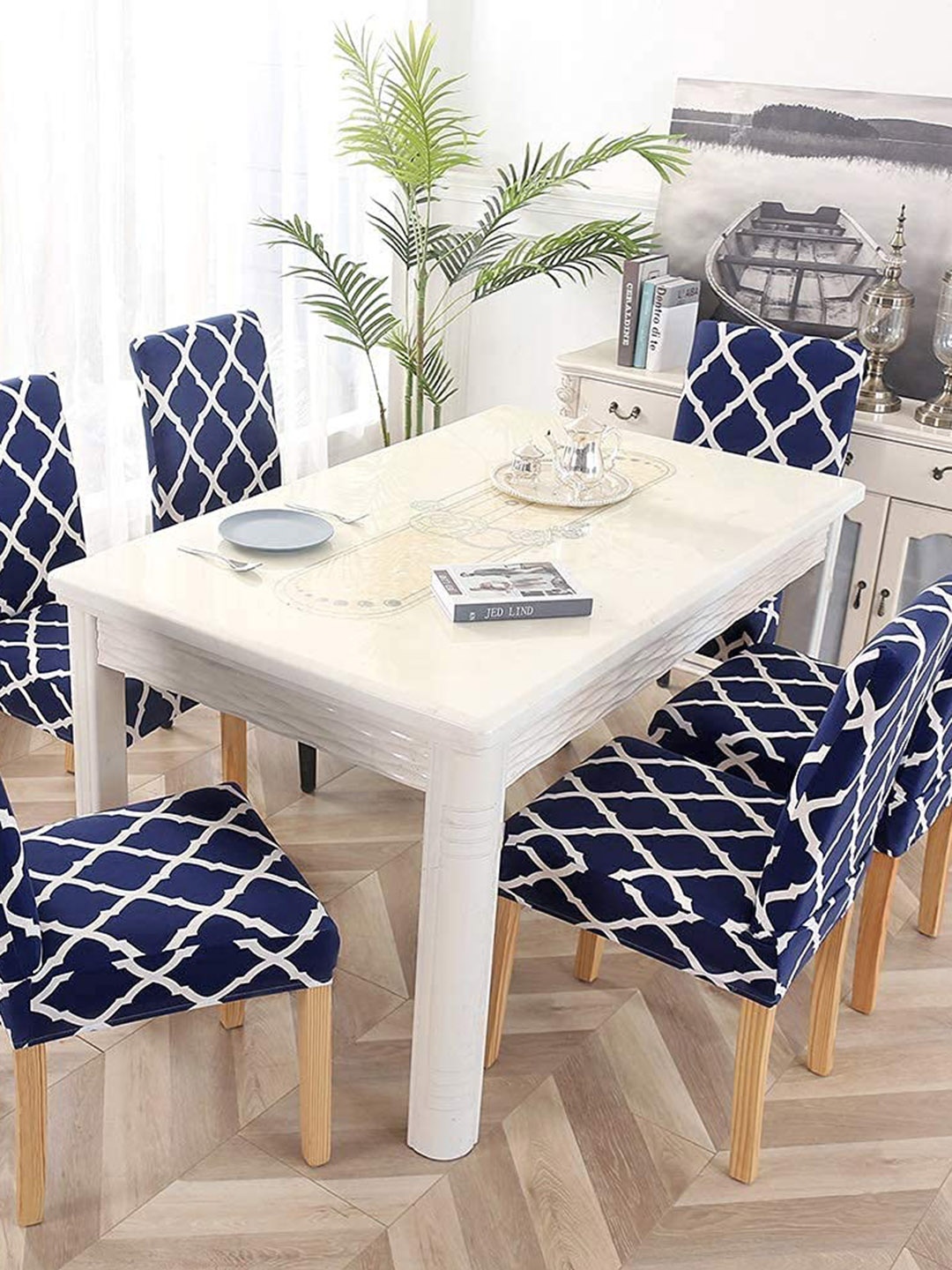 

Dakshya Industries Blue & White 6 Pieces Printed Elastic Chair Covers