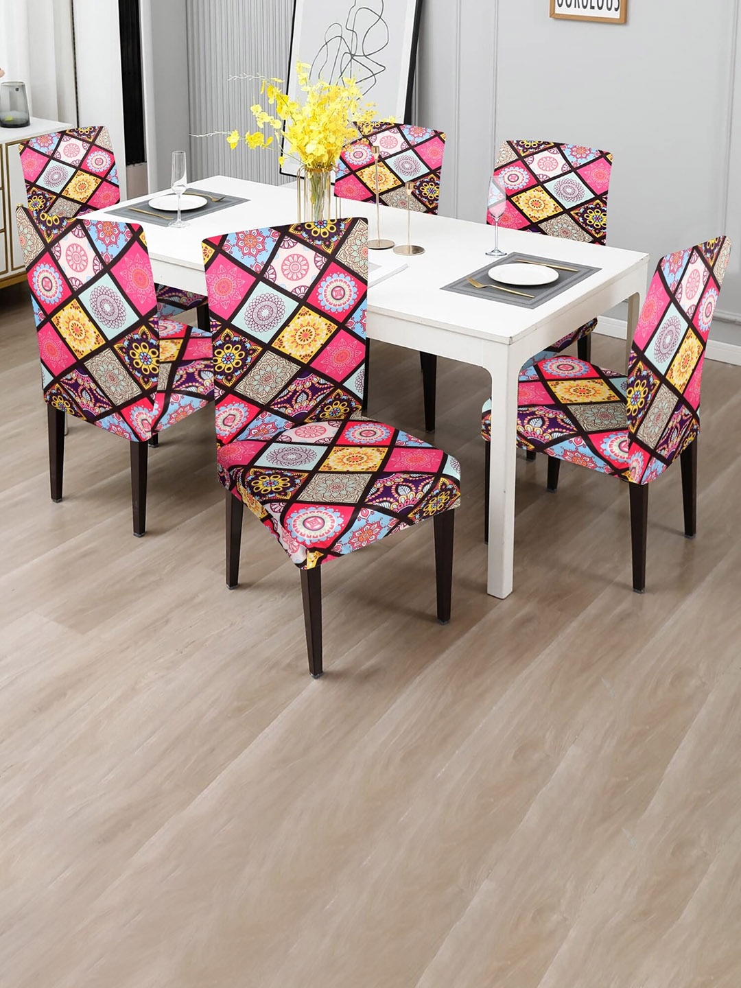

Dakshya Industries Blue & Pink 6 Pieces Printed Elastic Chair Covers