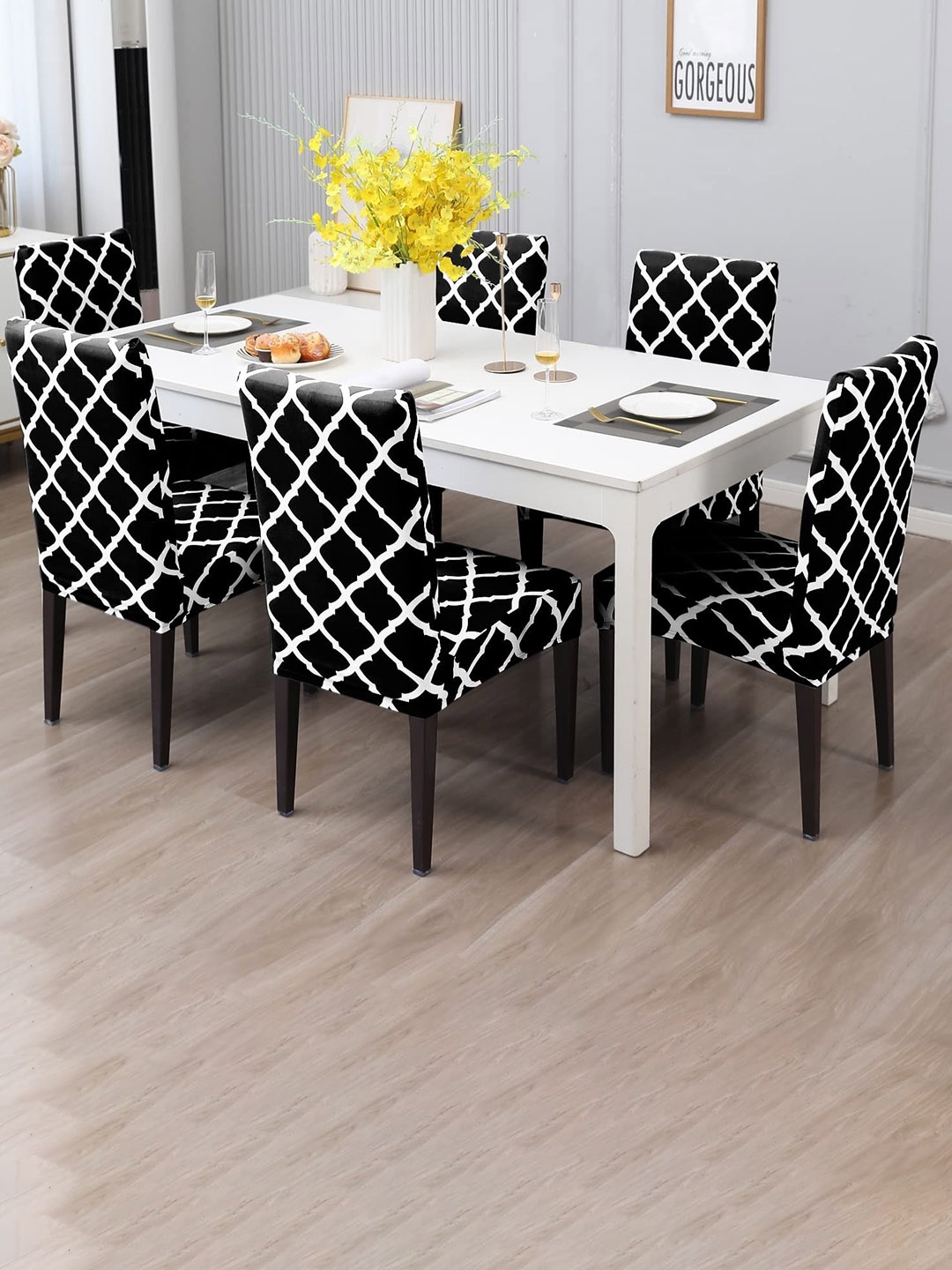 

Dakshya Industries Black & White 6 Pieces Printed Elastic Chair Covers