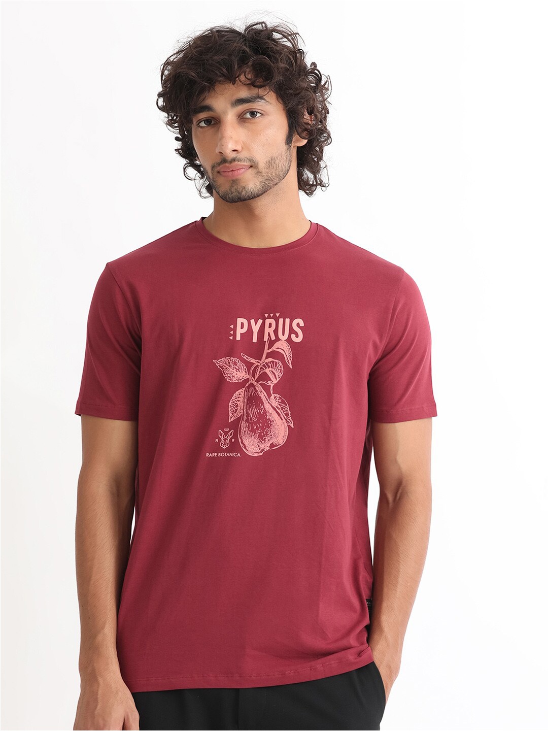 

RARE RABBIT Men Quet Graphic Printed Cotton Slim Fit T-Shirt, Red