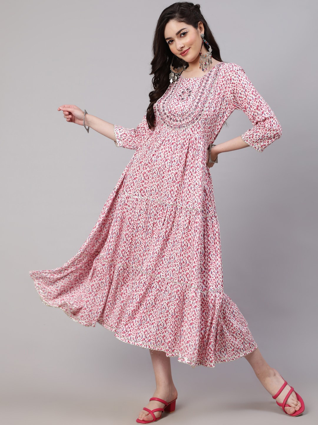 

SAABHI Geometric Printed Mirror Work Tiered Fit & Flare Midi Ethnic Dress, Purple
