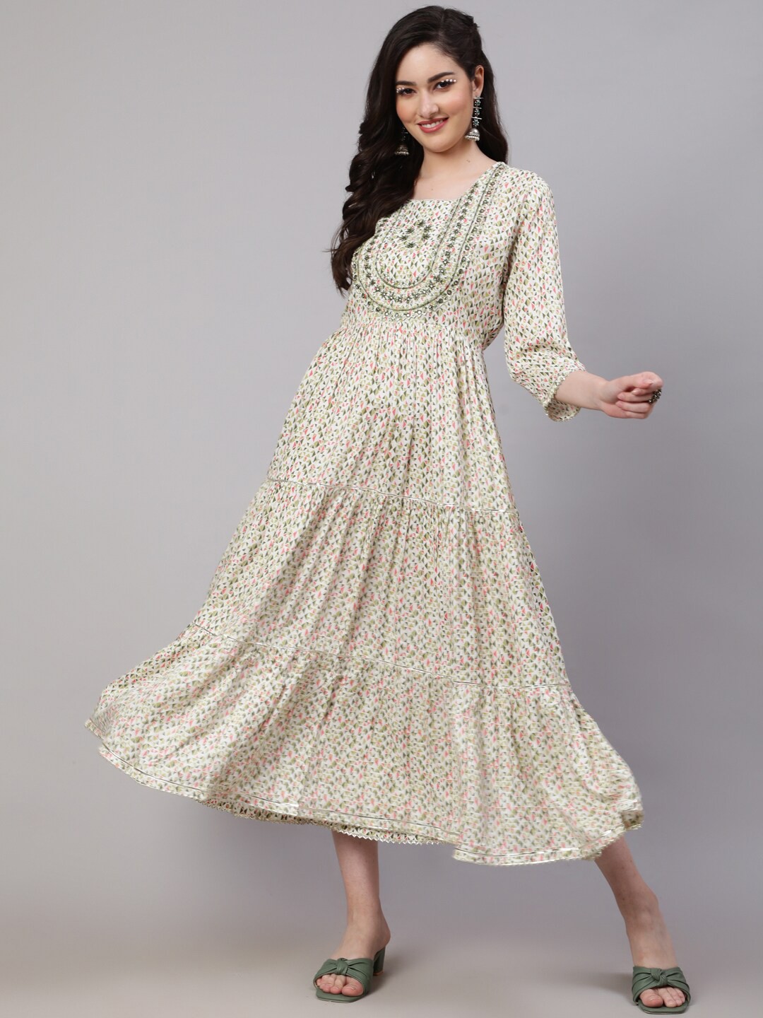 

SAABHI Geometric Printed Mirror Work Tiered Fit & Flare Midi Ethnic Dress, Green
