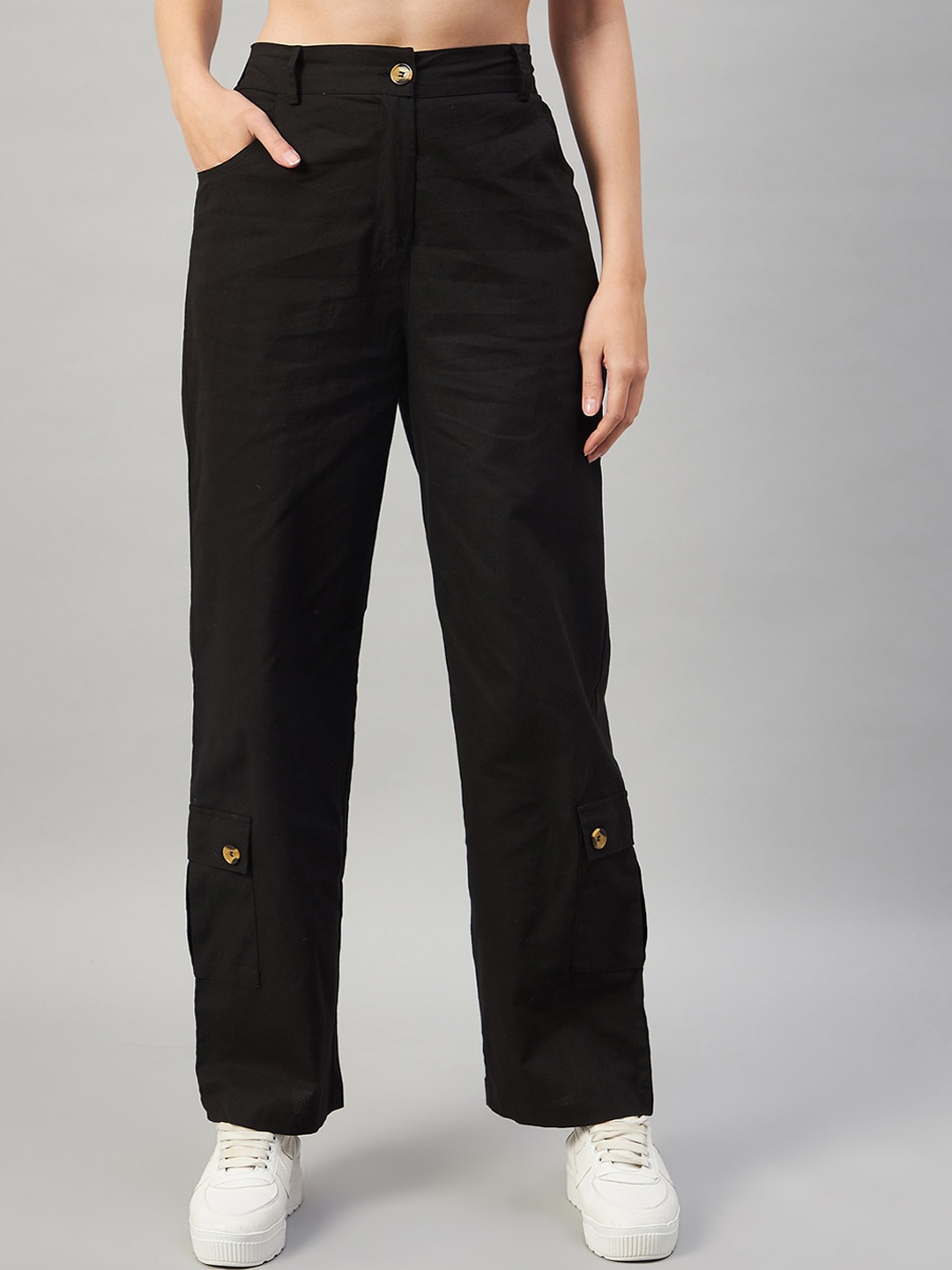 

Chemistry Women Flared High-Rise Pure Cotton Cargos, Black