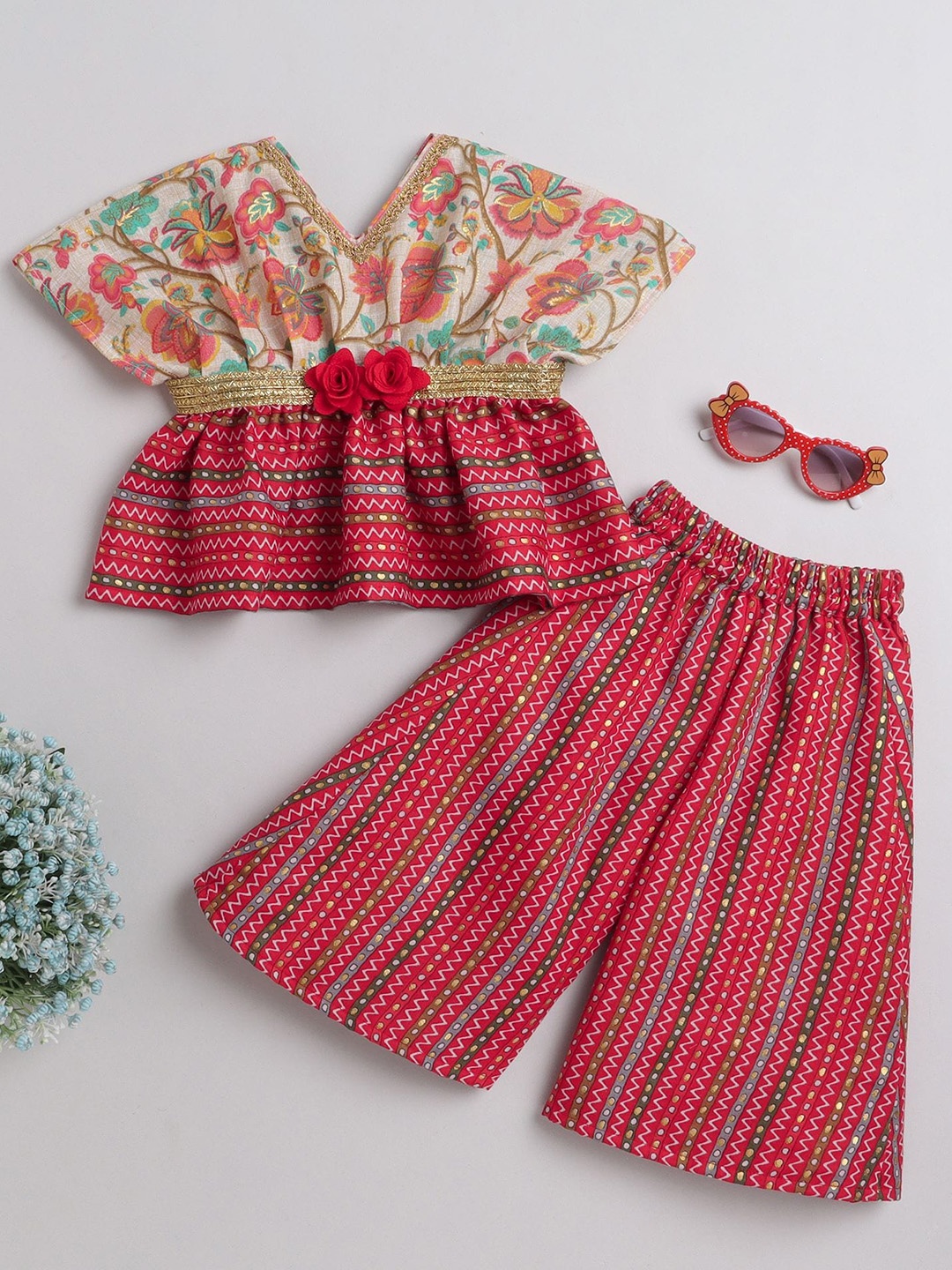 

MANY FROCKS & Girls Ethnic Motifs Printed Pure Cotton Top & Palazzos, Red