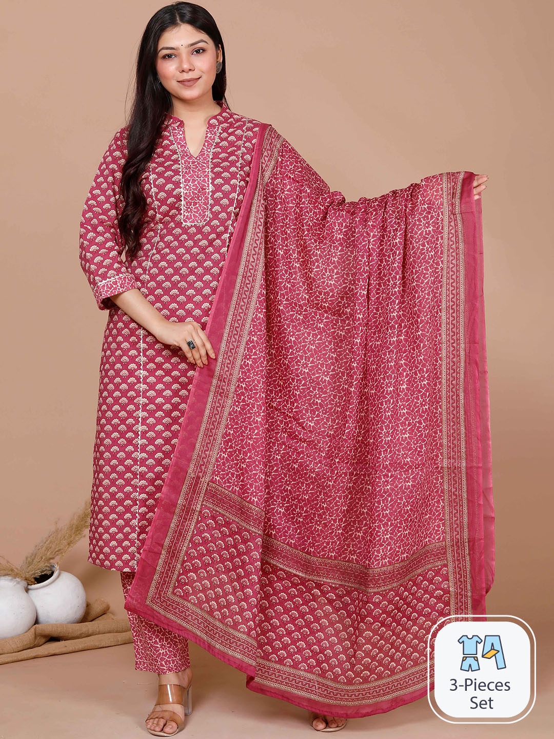 

MIRAVAN Floral Printed Gotta Patti Pure Cotton Straight Kurta With Palazzos & Dupatta, Pink