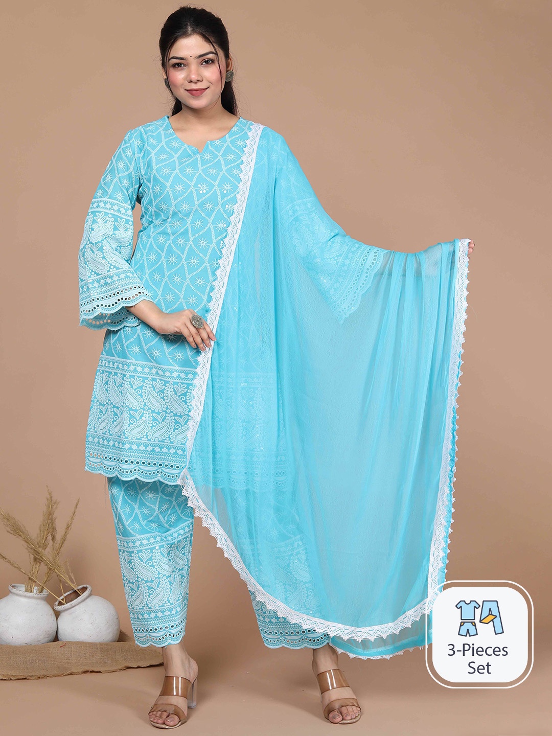 

MIRAVAN Floral Embroidered Chikankari Pure Cotton Kurta With Palazzos & Dupatta, Blue