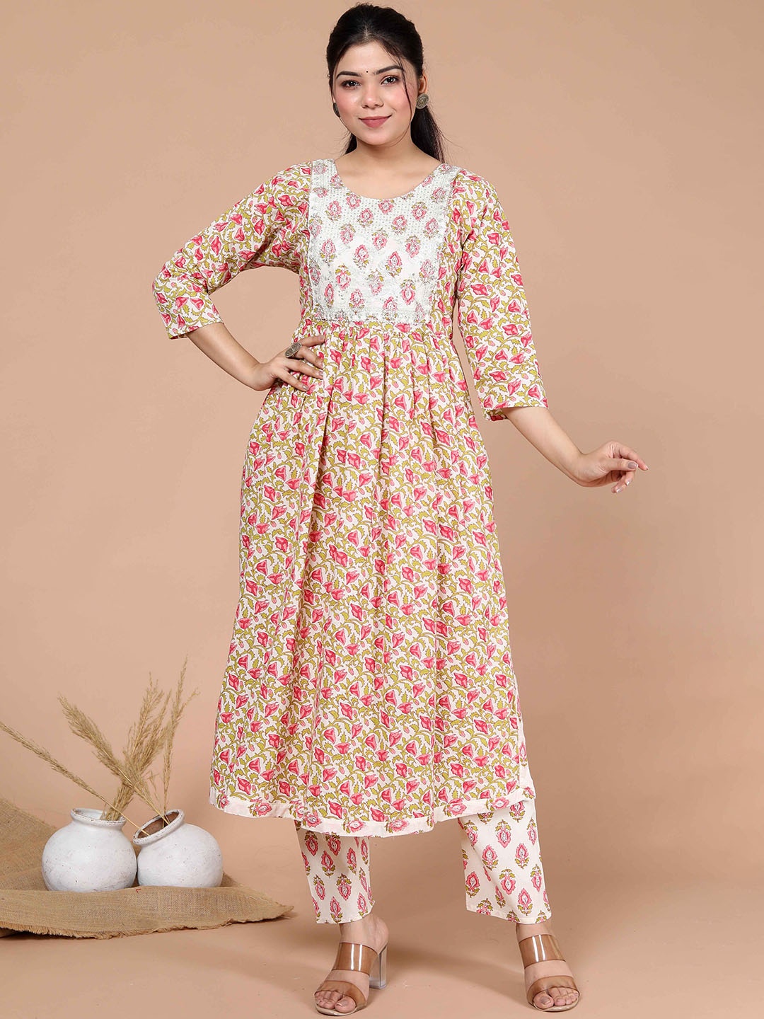 

MIRAVAN Floral Printed Sequinned Pure Cotton A-Line Kurta With Palazzos, White