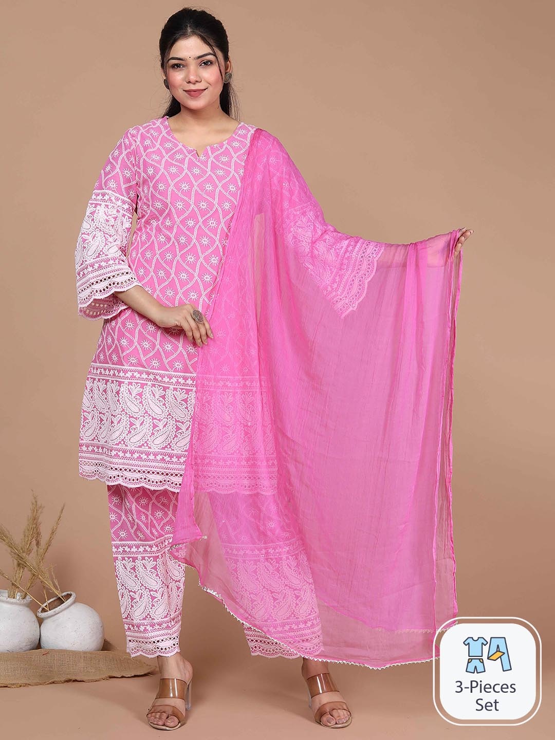

MIRAVAN Floral Embroidered Chikankari Pure Cotton Kurta With Palazzos & Dupatta, Pink