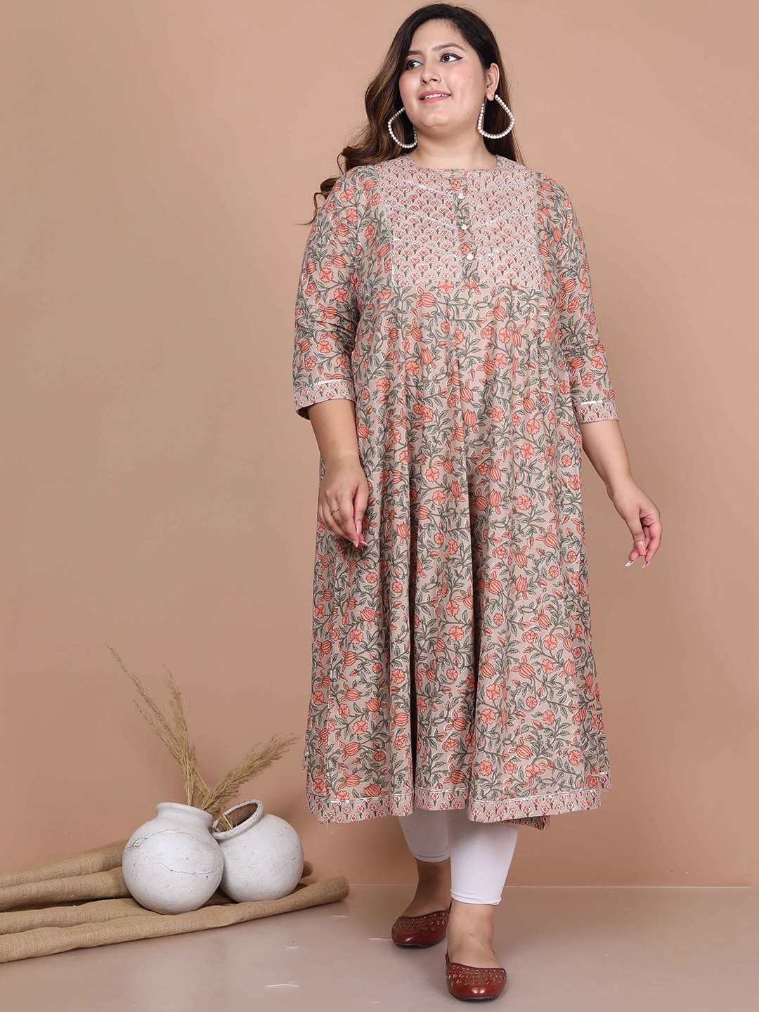 

MIRAVAN Plus Size Ethnic Motifs Printed Cotton Anarkali Kurta, Mauve
