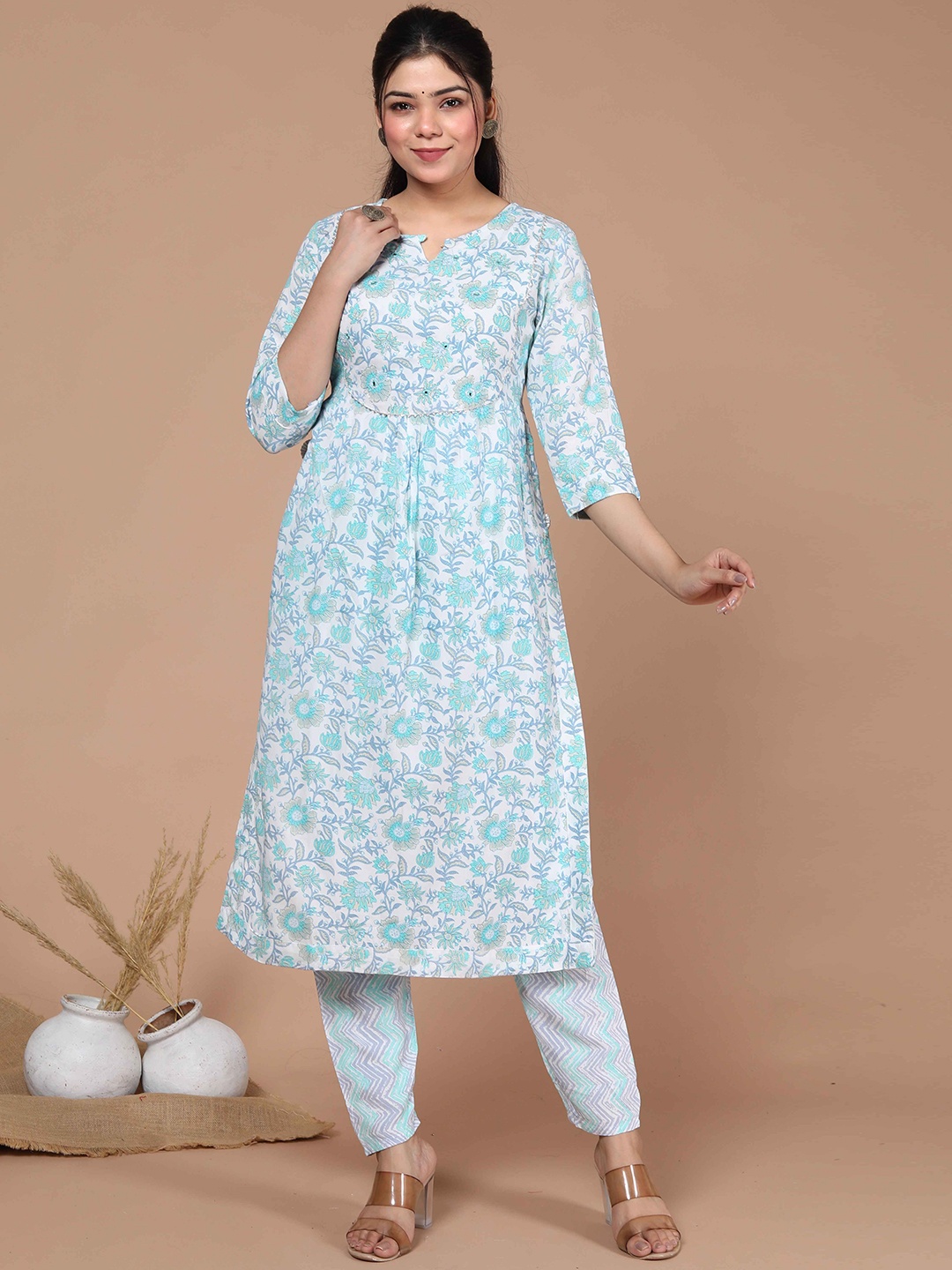 

MIRAVAN Floral Printed Gotta Patti Pure Cotton Kurta with Trousers, Blue