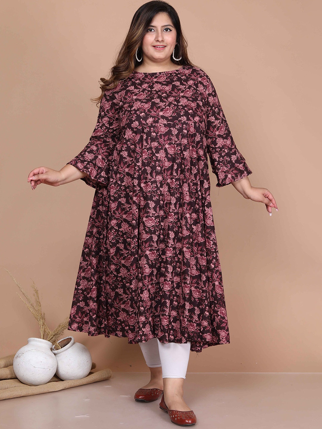 

MIRAVAN Plus Size Floral Printed Bell Sleeves Cotton Anarkali Kurta, Maroon