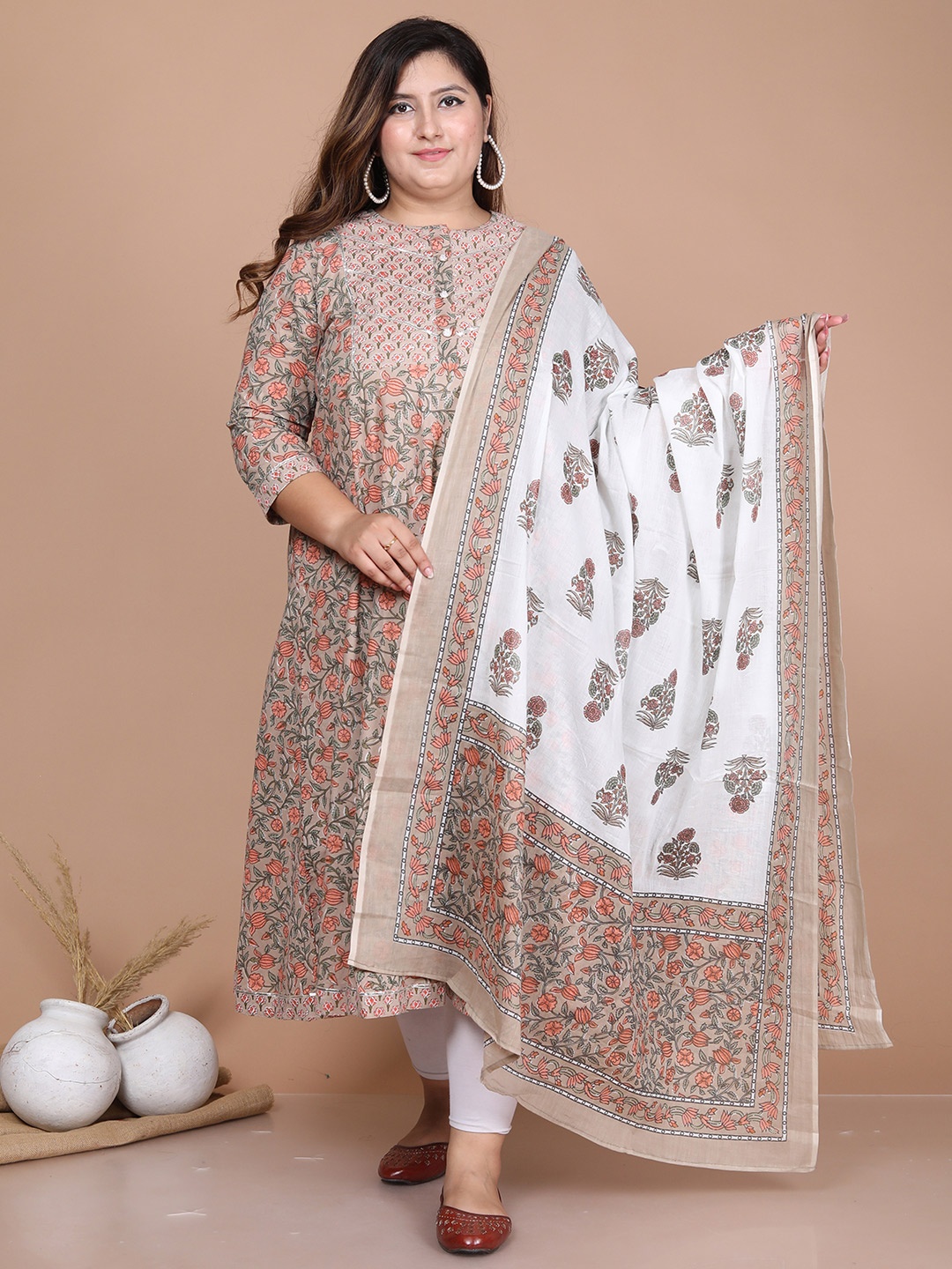 

MIRAVAN Plus Size Ethnic Motifs Printed Cotton Anarkali Kurta With Dupatta, Brown