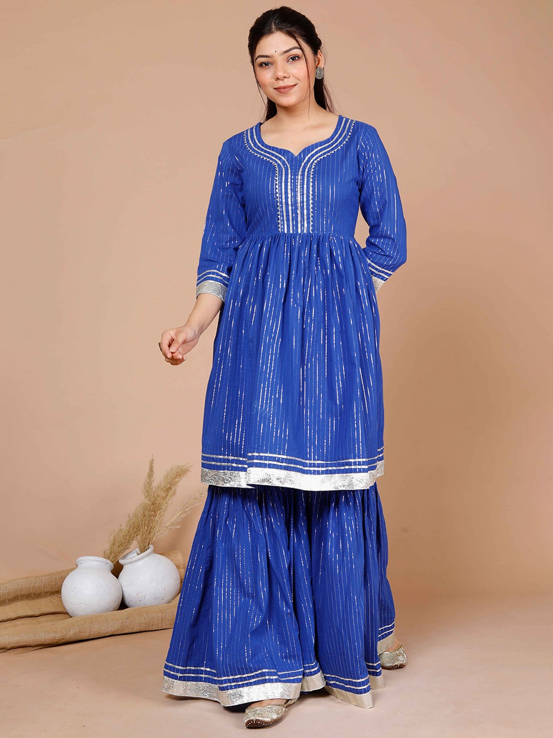 

MIRAVAN Striped Gotta Patti Pure Cotton A-Line Kurta With Sharara, Blue