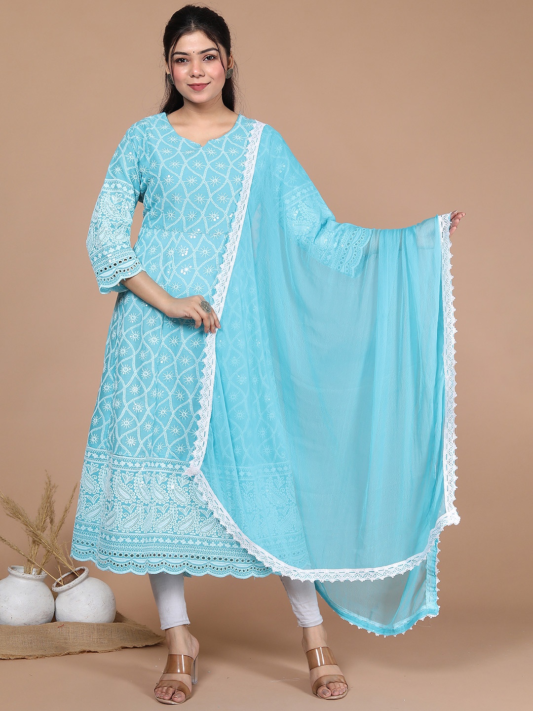 

MIRAVAN Women Ethnic Motifs Embroidered Chinkankari Anarkali Kurta With Dupatta, Blue