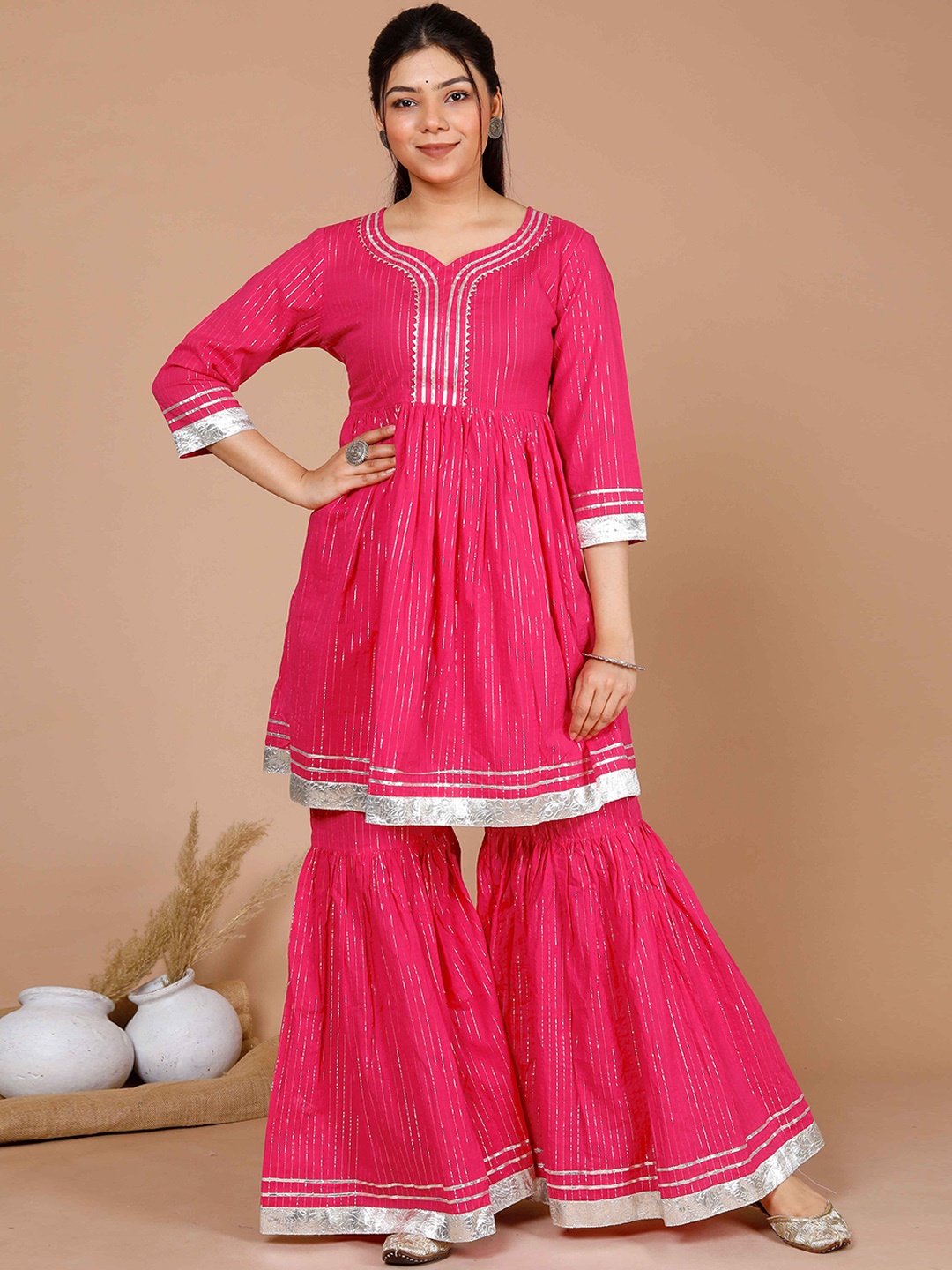 

MIRAVAN Striped Gotta Patti Pure Cotton A-Line Kurti With Sharara, Pink