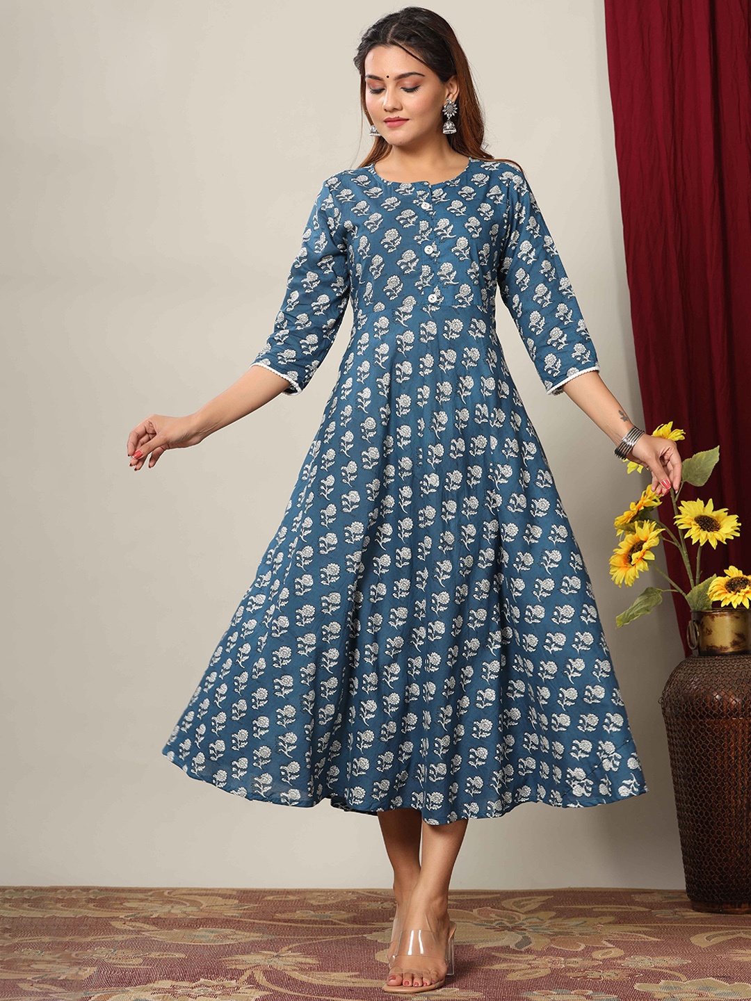 

MIRAVAN Floral Printed Pure Cotton Anarkali Kurta, Blue