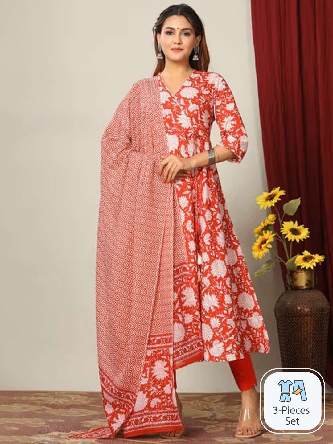 

MIRAVAN Floral Printed Gotta Patti Angrakha Anarkali Kurta & Trouser With Dupatta, Red