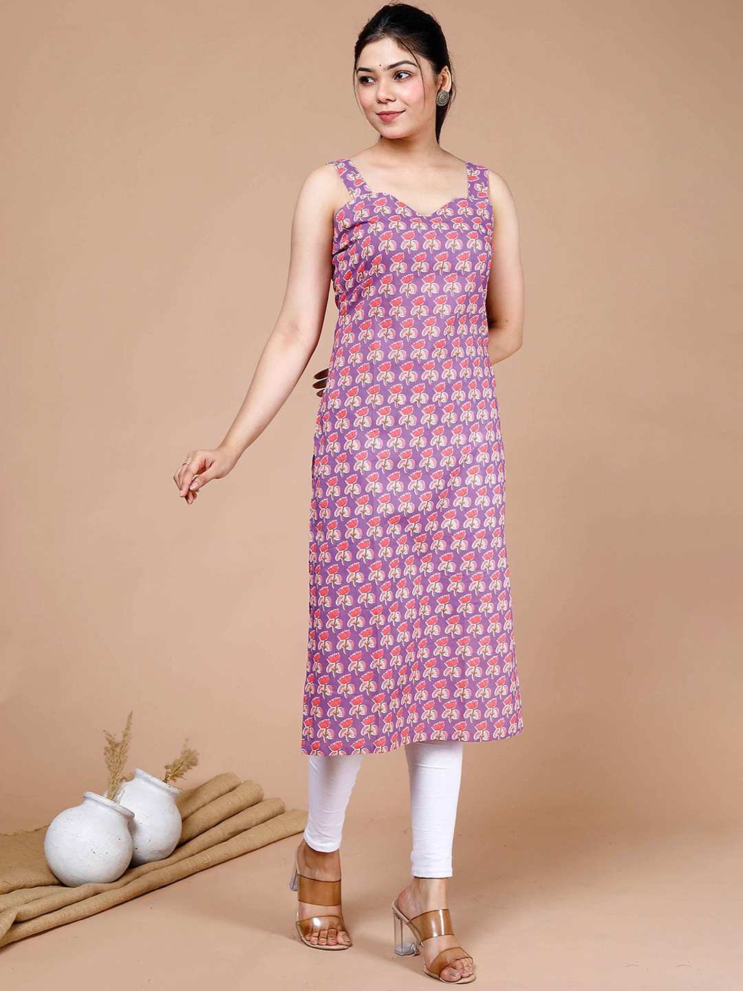 

MIRAVAN Ethnic Motifs Printed Sweetheart Neck Shoulder Straps Cotton Straight Kurta, Purple