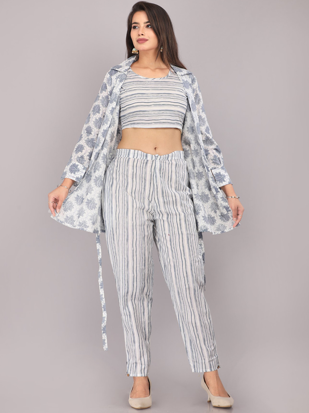 

HIGHLIGHT FASHION EXPORT Striped Pure Cotton Top With Trousers & Shrug, Blue