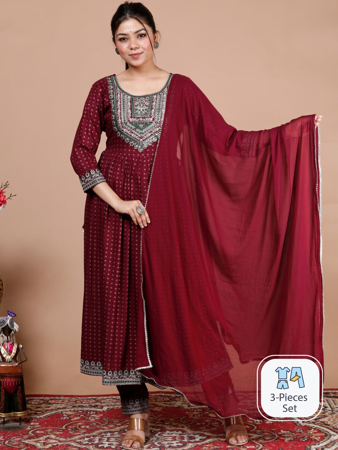 

HIGHLIGHT FASHION EXPORT Ethnic Motifs Printed A-Line Kurta & Trousers With Dupatta, Maroon