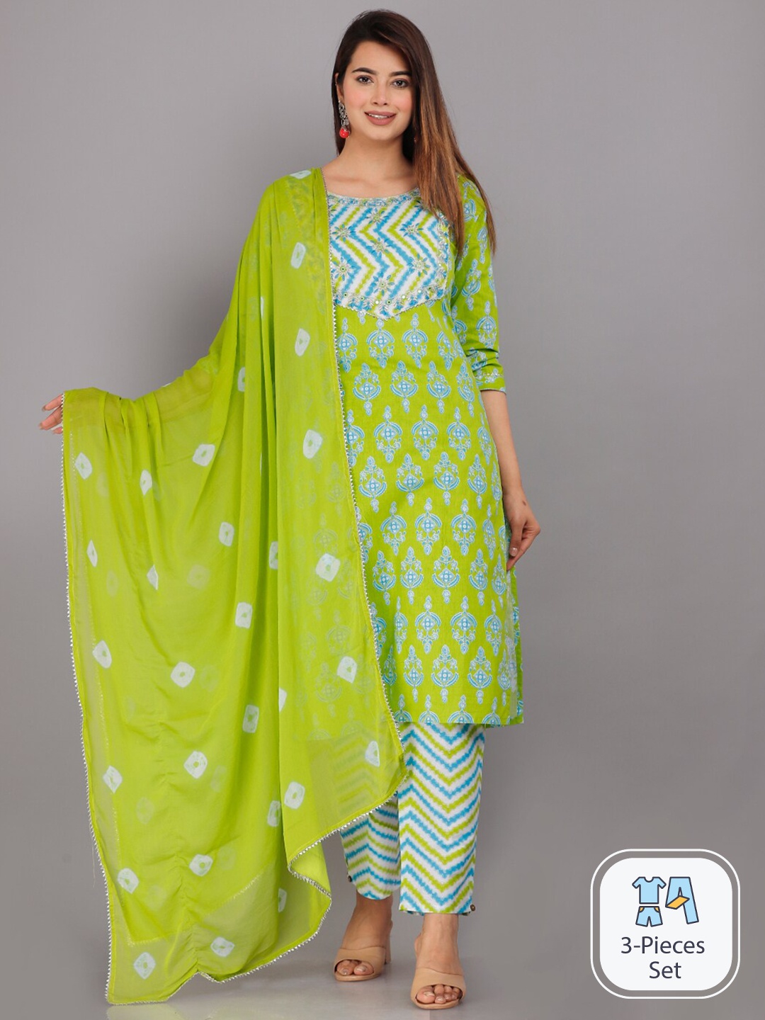 

HIGHLIGHT FASHION EXPORT Ethnic Motifs Printed Pure Cotton Kurta With Trousers & Dupatta, Green