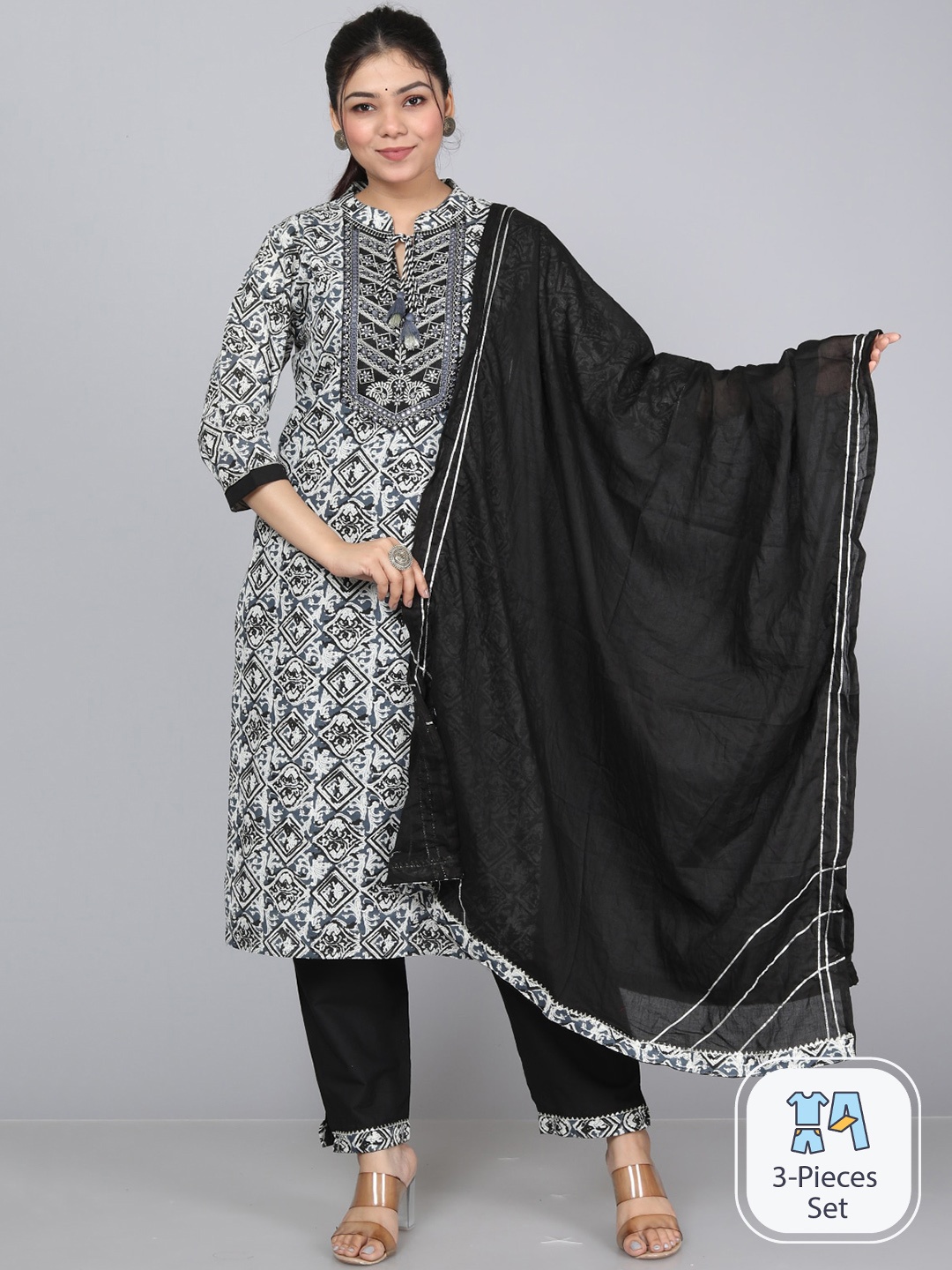 

HIGHLIGHT FASHION EXPORT Ethnic Motifs Printed Pure Cotton Kurta With Trousers & Dupatta, Black