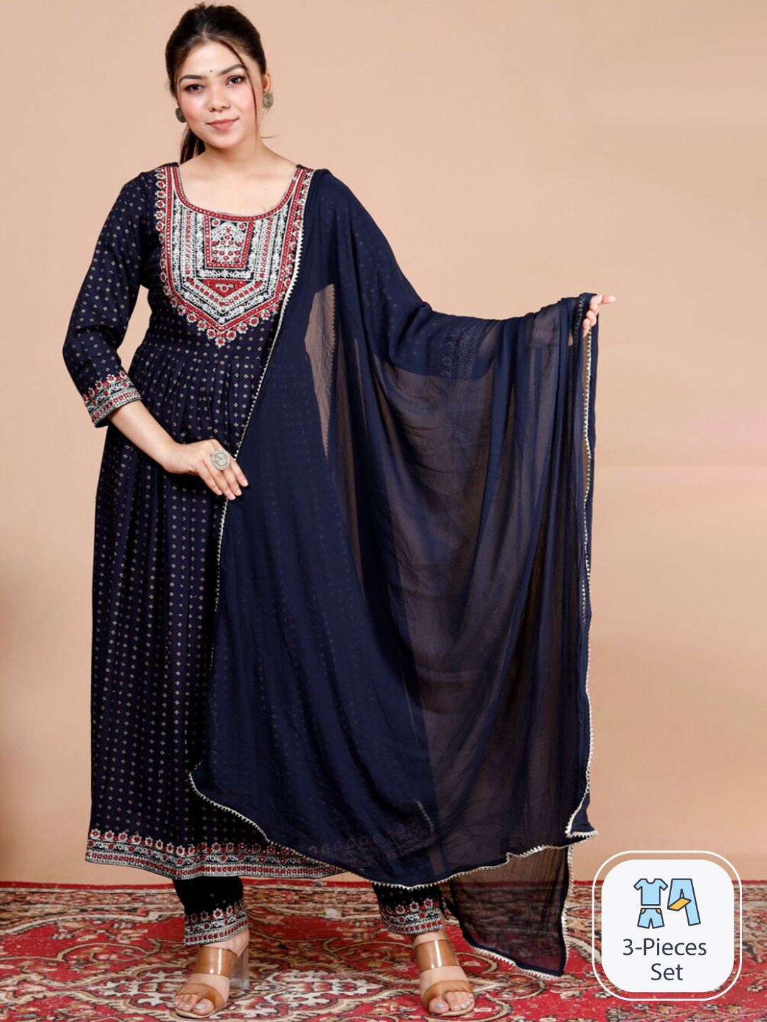 

HIGHLIGHT FASHION EXPORT Ethnic Motifs Printed A-Line Kurta & Trousers With Dupatta, Navy blue