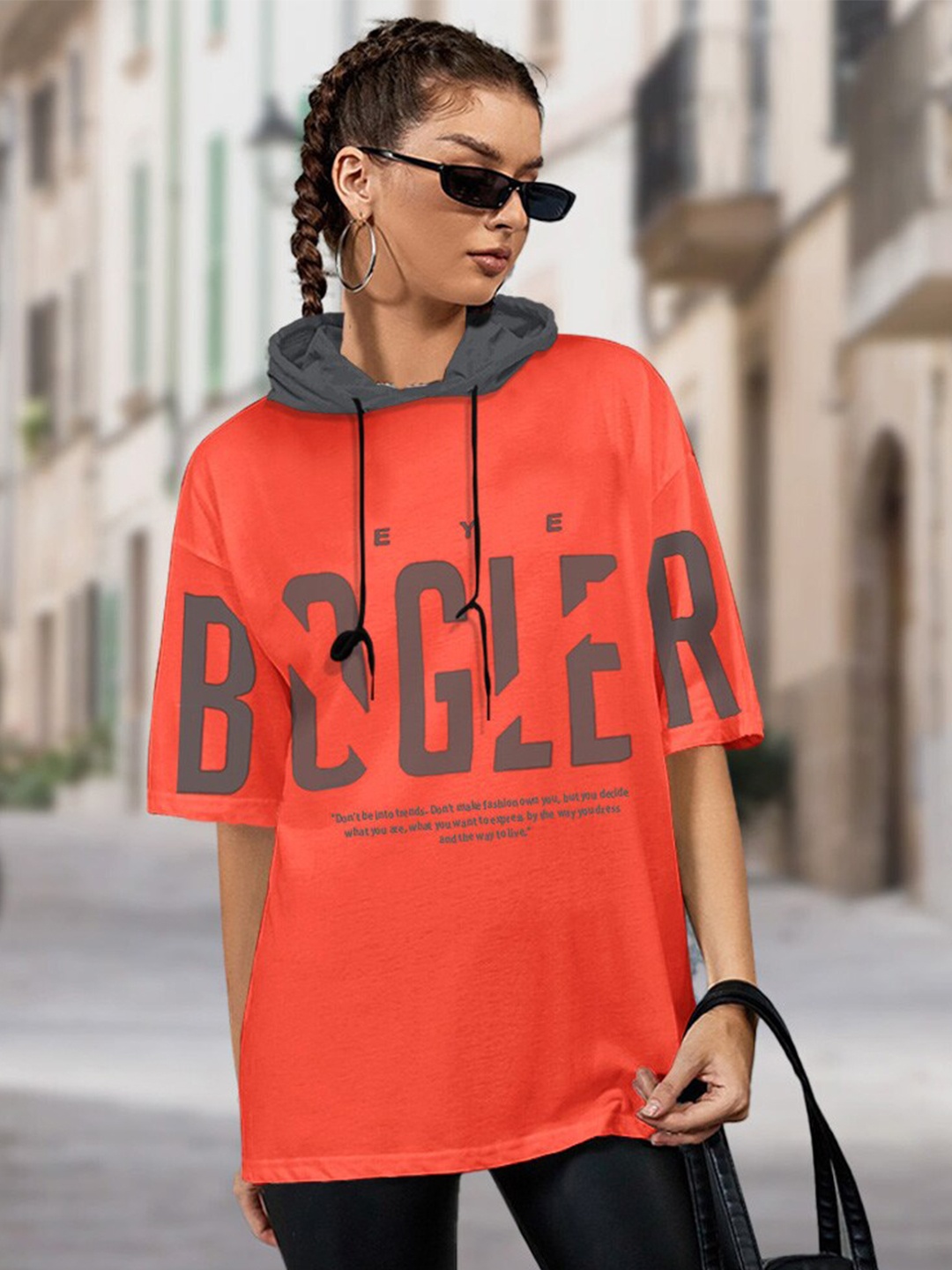 

Eyebogler Typography Printed Hooded Cotton T-shirt, Orange