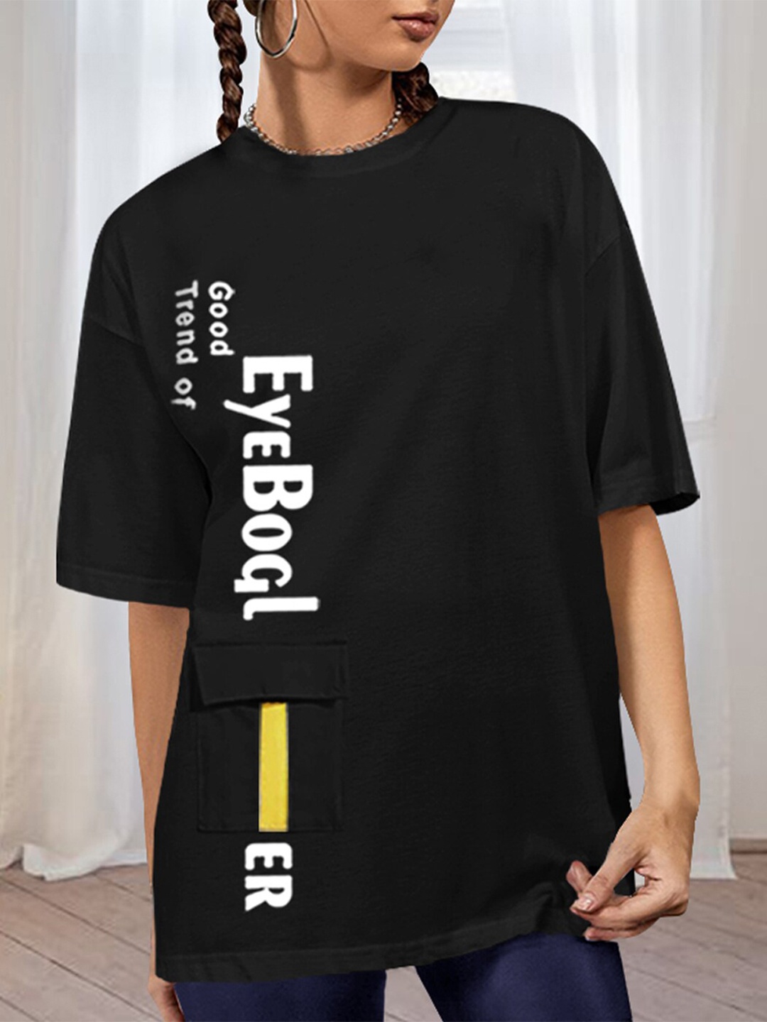 

Eyebogler Typography Printed Drop Shoulder Oversized Cotton T-shirt, Black